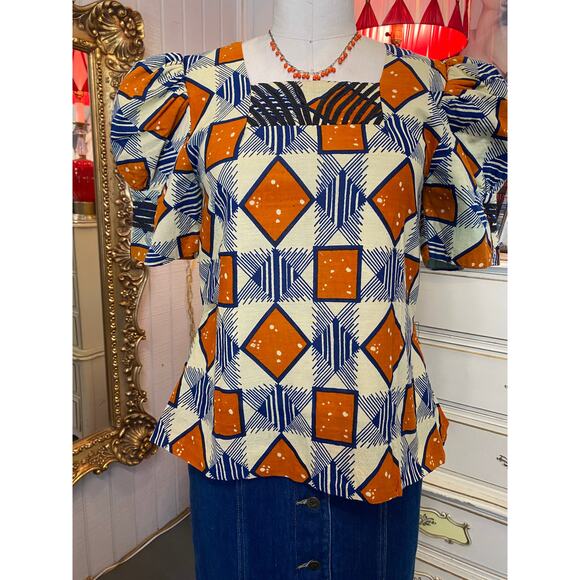 vintage block print cotton blouse huge puff sleeves African geometric top med 34 - Picture 3 of 8